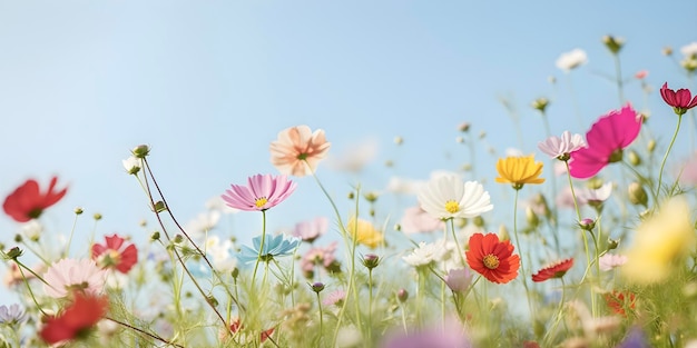 Belo campo de flores coloridas floridas fundo suave de verão Ai gerado