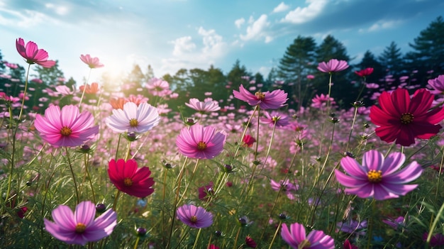 belo campo de flores do cosmos com luz do sol