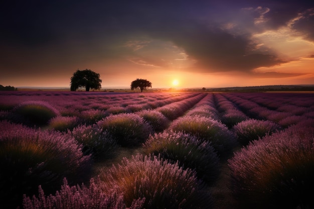 Belo campo de lavanda ao pôr do sol gerado por IA