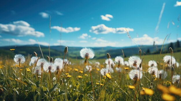 Belo campo de prado com flores amarelas de dente-de-leão céu azul e nuvens encantadoras com condições desfocadas no verão