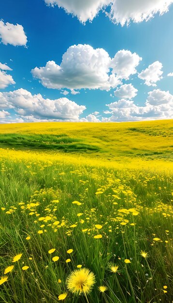 Belo campo de prado com grama fresca e flores amarelas de dente-de-leão na natureza contra um azul desfocado