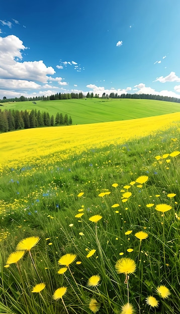 Belo campo de prado com grama fresca e flores amarelas de dente-de-leão na natureza contra um azul desfocado