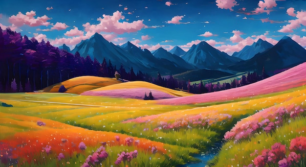 Belo campo de prado com grama fresca e flores de dente-de-leão amarelas na natureza céu azul AI Gerado para histórias de livros infantis contos de fadas