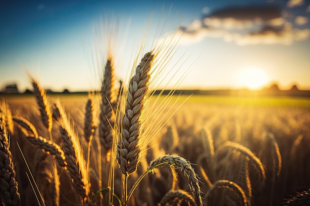 Belo campo de trigo com um pôr do sol pitoresco ao fundo IA generativa