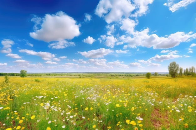 Belo campo natural colorido brilhante com uma variedade de flores geradas por IA