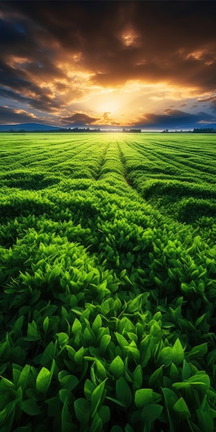 Belo campo verde iluminado ao pôr do sol gerado por ai