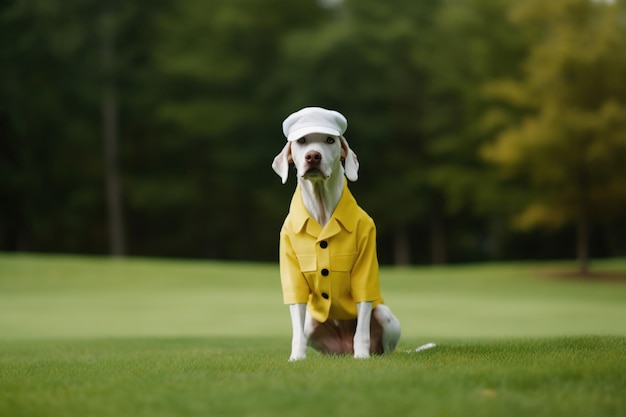 Foto belo cão branco no campo de golfe vestindo uniforme amarelo