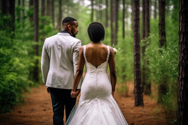 Belo casal afro-americano andando na floresta no dia do casamento Generative AI