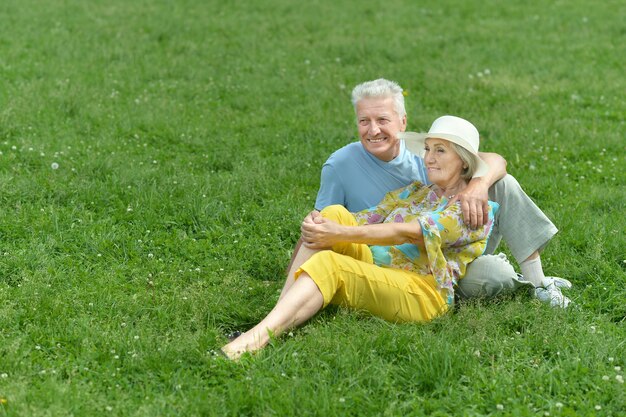 Belo casal de idosos sentado na grama do parque