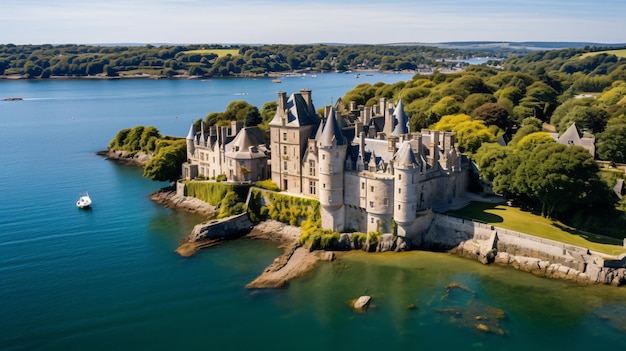 Belo castelo perto de água e vegetação