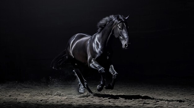 belo cavalo preto galopando em fundo escuro Generative Ai