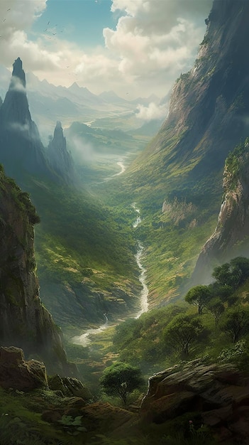 Belo cenário Composição épica Ângulo amplo uma visão ampla detalhes ricos e fantasia das montanhas e rios geram ai