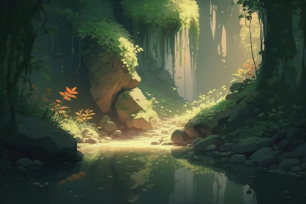 Ambiente de fantasia de uma floresta mágica no estilo de arte anime