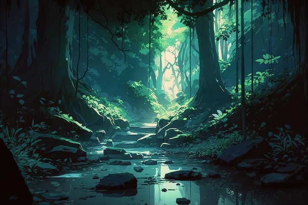 Ambiente de fantasia de uma floresta mágica no estilo de arte anime