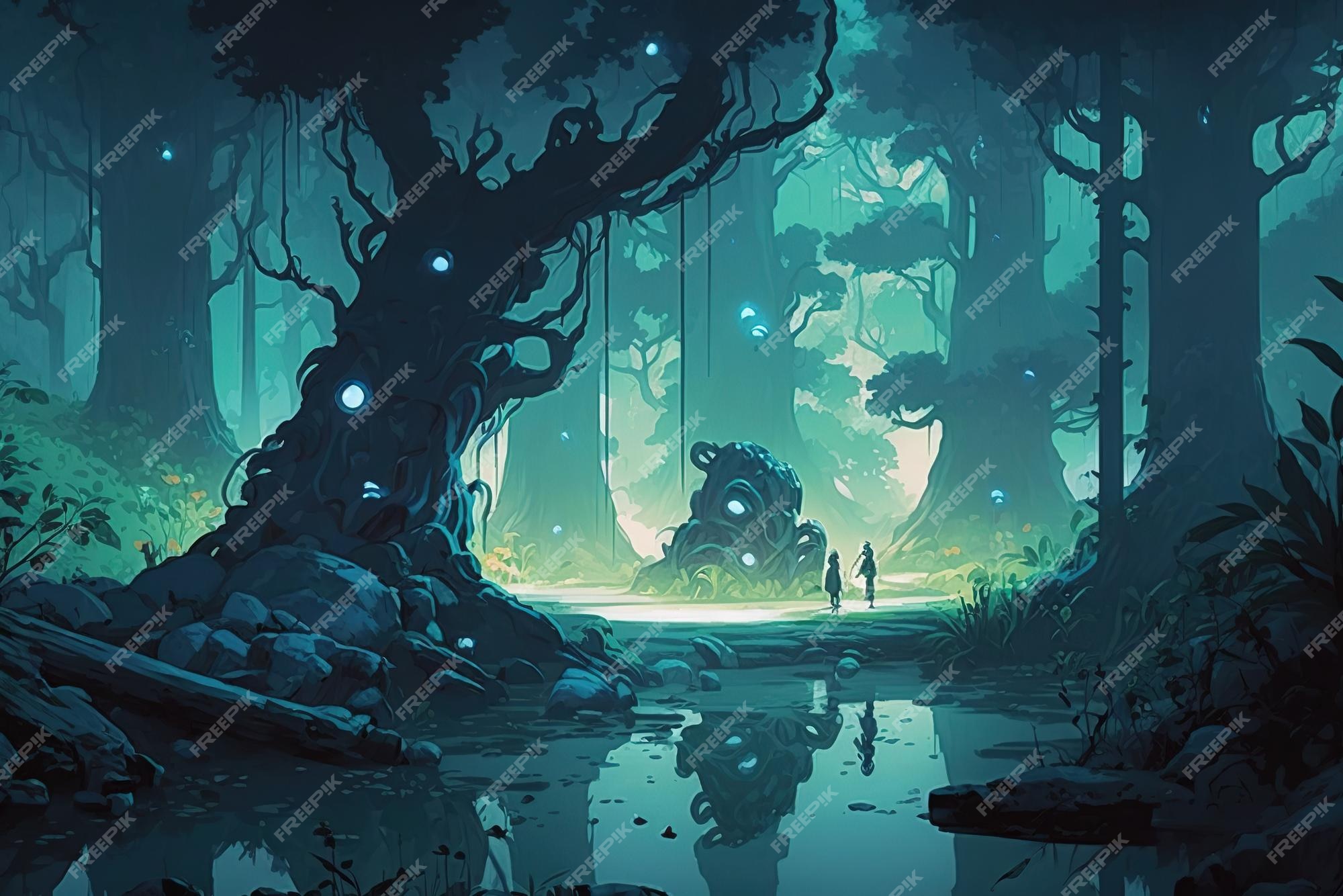 Ambiente de fantasia de uma floresta mágica no estilo de arte anime