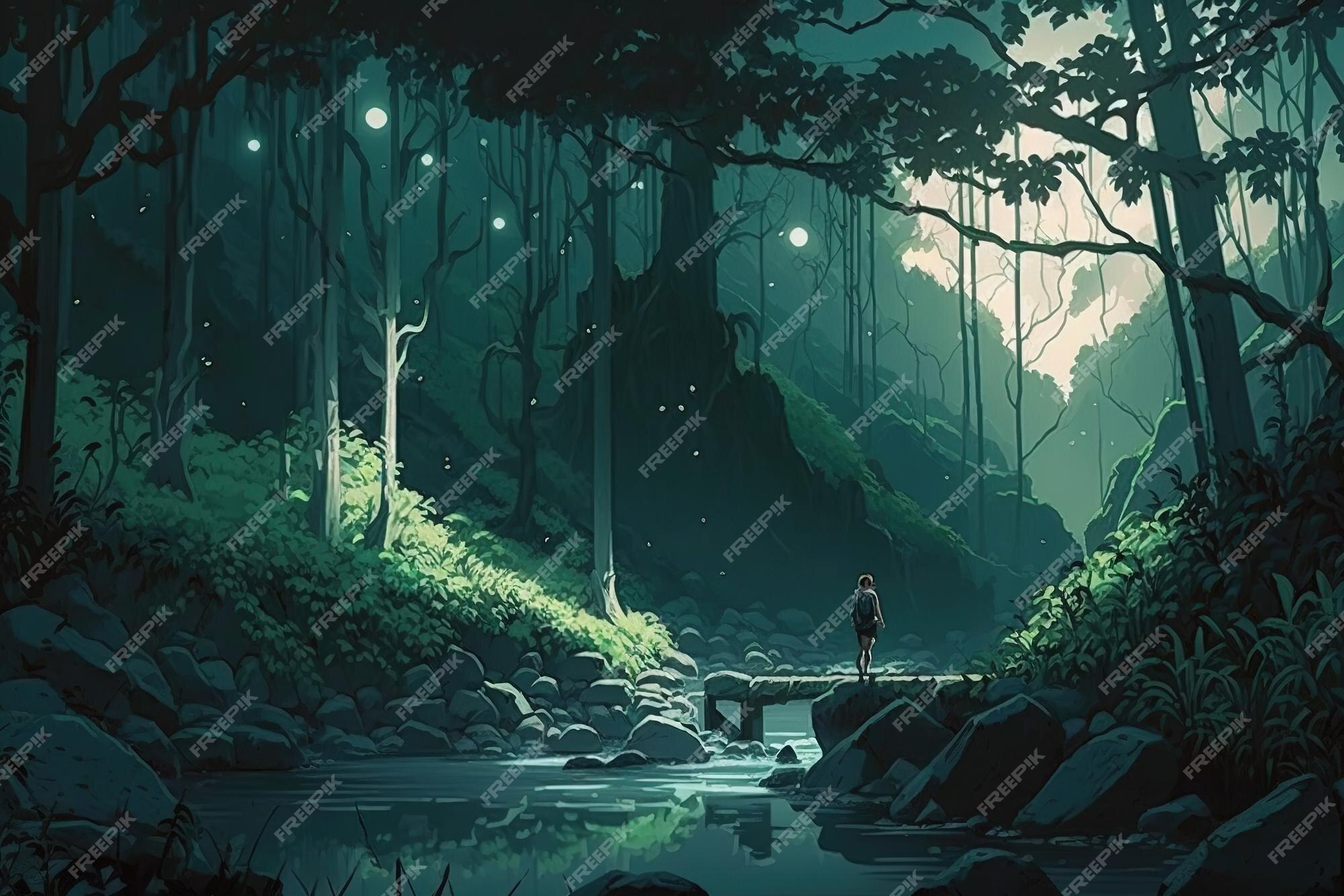 Ambiente de fantasia de uma floresta mágica no estilo de arte anime