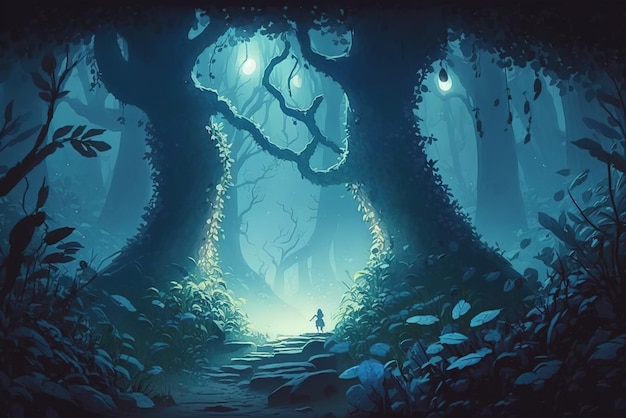 Belo cenário de floresta mágica de fantasia em estilo de arte de anime