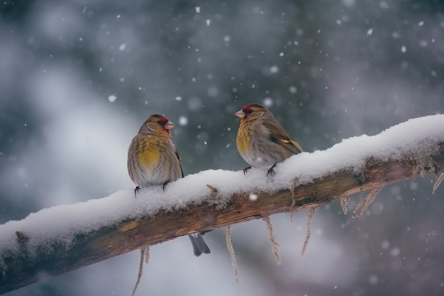 Belo cenário de inverno com pássaros europeus Finch empoleirados no galho dentro de uma forte nevasca