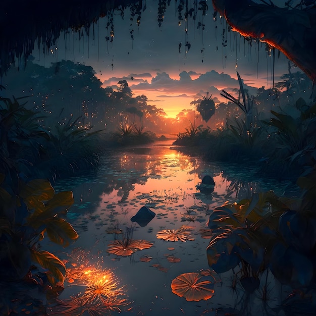 Belo cenário do pôr do sol ilustração da selva amazônica