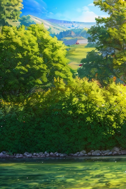 Belo cenário papel de parede fundo desenho animado estilo cômico ao ar livre casa de montanha flores de grama