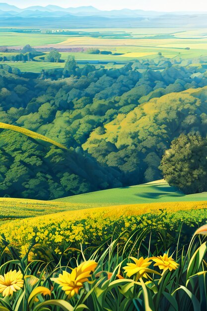 Foto belo cenário papel de parede fundo desenho animado estilo cômico ao ar livre casa de montanha flores de grama