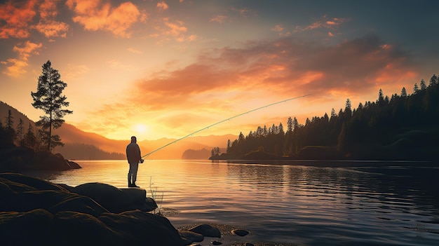 Belo céu e silhueta de pescador