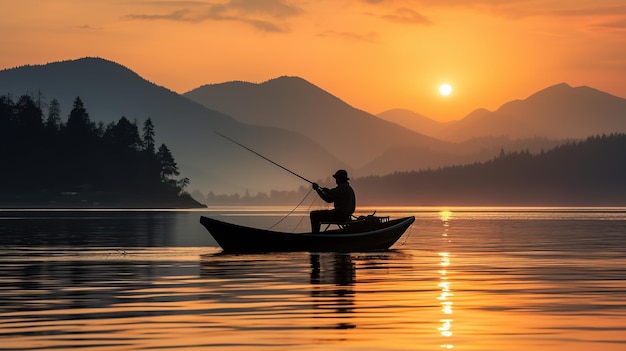 Belo céu e silhueta de pescador