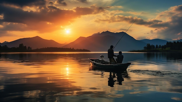 Belo céu e silhueta de pescador