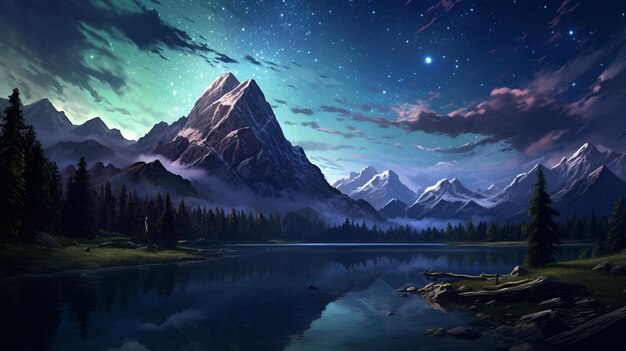 belo céu estrelado noturno com montanhas e lago