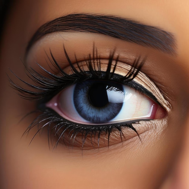 Belo close-up da maquiagem dos olhos de uma mulher com tons metálicos