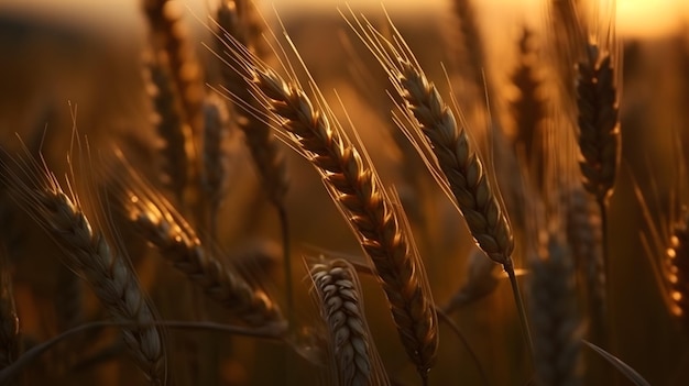 Belo close-up de espigas de trigo ao pôr do sol Campo de agricultura de trigo no verão Generative Ai