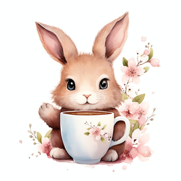 belo coelho com cacau quente e flores de sakura aquarela ilustração clipart