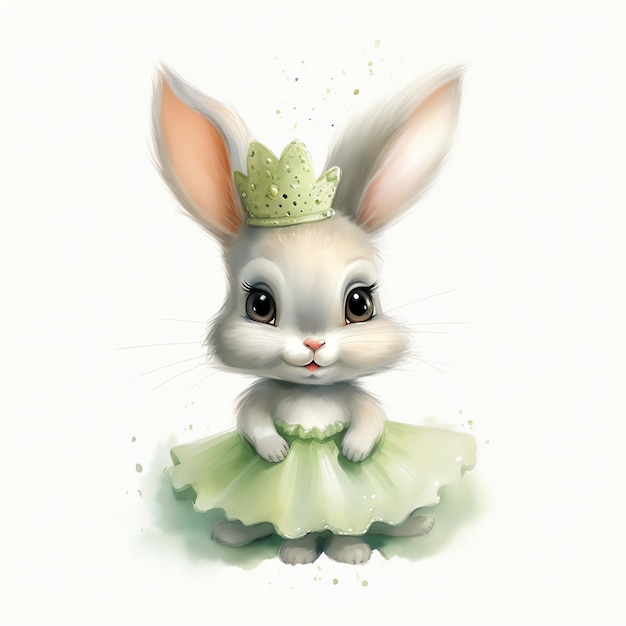 Foto belo coelho com tutu verde claro e coroa ilustração de clipart de conto de fadas mágicas