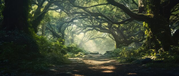 Belo conto de fadas encantado cenário de fantasia mágica da floresta com grandes árvores e vegetação