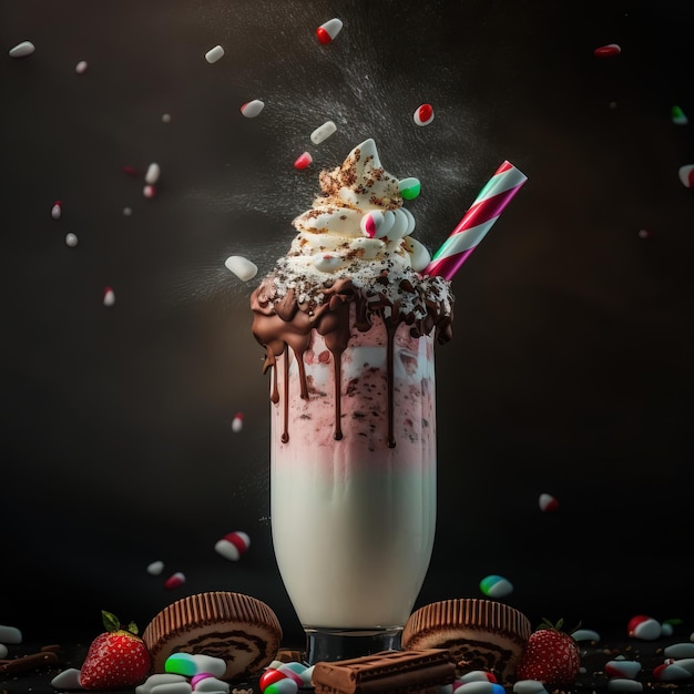 belo copo de coquetel de milk-shake estético com uma explosão de creme Generative AI