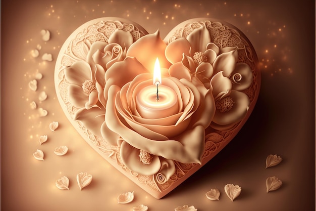 Belo coração com uma vela acesa no meio e rodeada de flores Luz quente Cartão de dia dos namorados IA generativa