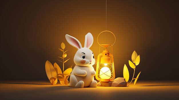 Foto belo desenho 3d de coelho segurando uma lanterna
