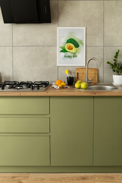 Foto belo design de interiores de cozinha verde