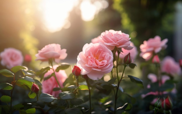 Belo e colorido jardim de rosas sonhador com iluminação quente