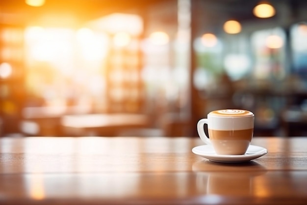 Belo e elegante café e restaurante de borrão abstrato para o fundo onde uma chávena de café com leite fica o