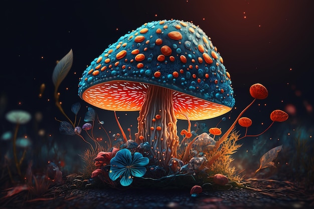 Belo e fabuloso cogumelo fantástico e flores em uma misteriosa floresta noturna fechada Generative AI