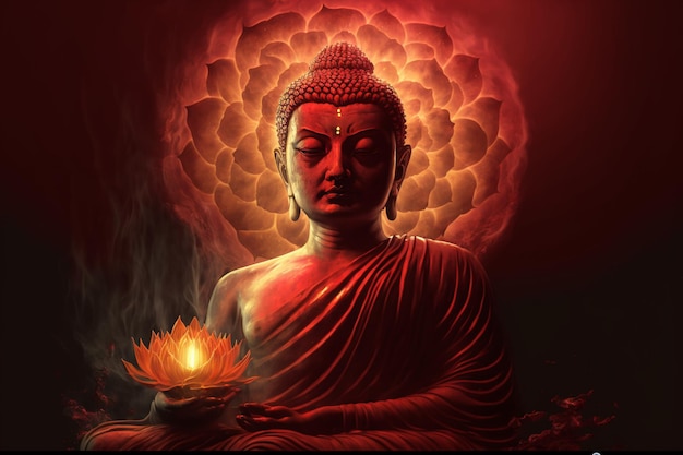 Belo espectro de luz Luz de Buddha39 piscando Flor de lótus vermelha amarela brilhante queimando pétalas em forma de nuvem cercada por caos mágico luz fumaça branca caindo luz refletida padrão de água