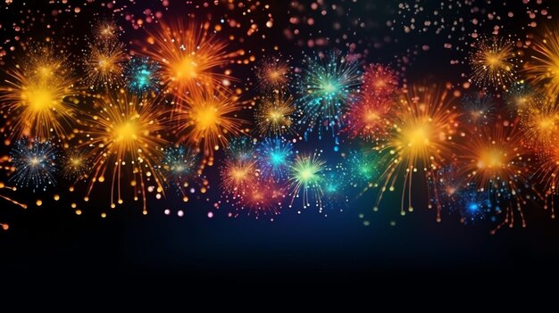 Belo espetáculo de fogos de artifício colorido no céu à noite para celebração feliz festa de ano novo e cópia de espaço
