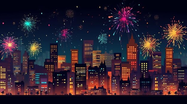 Belo espetáculo de fogos de artifício com paisagem urbana à noite para celebrar feliz ano novo espetáculo de fogos de artifício