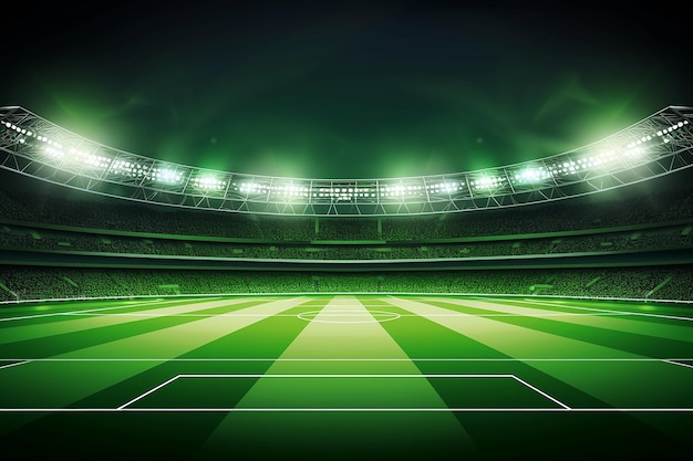 belo estádio esportivo com um campo de grama verde brilha com spotlights azuis à noite com estrelas
