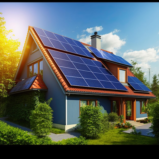 Belo exterior de casa mostrando o telhado da casa com fileiras de painéis solares elétricosConceito de vida verde cercado por árvores coloridasAI Generative