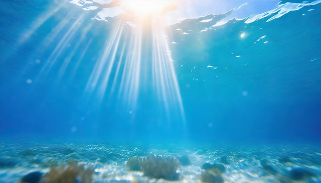 Belo fundo azul do oceano com luz solar e cena submarina