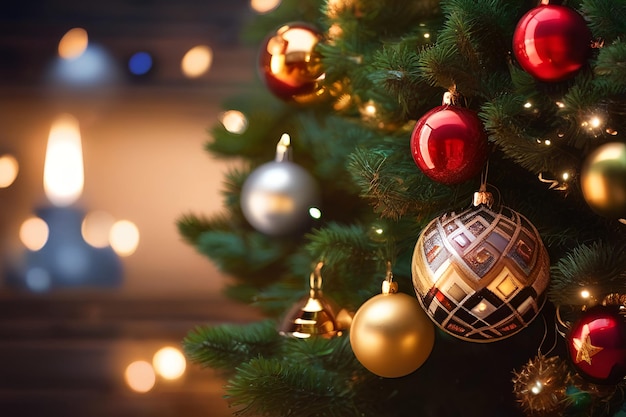 Belo fundo de Natal com uma árvore de Natal ornamentada em um fundo azul da noite