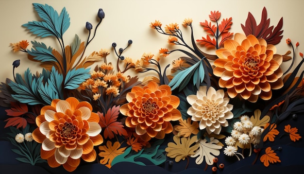 Belo fundo de outono com flores e folhas de outono feitas em estilo de arte cortada em papel