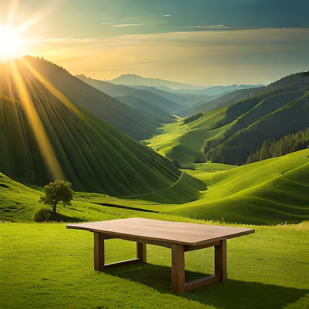 Belo fundo de prado verde primavera com mesa de madeira vazia para exibição de produtos natureza turva